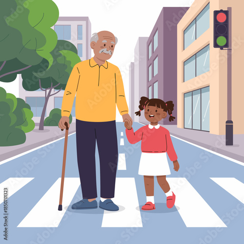 An elderly man and a young girl holding hands while crossing a crosswalk illustrate the bond between generations, highlighting safety and companionship in a city setting.