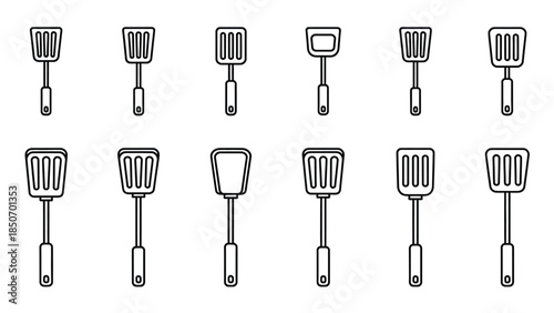 Collection of twelve black and white outline icons of various kitchen spatulas and turners