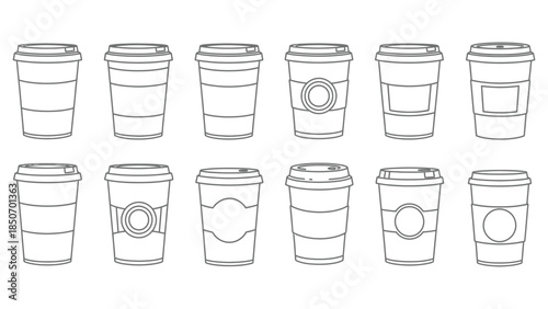 Collection of twelve black and white outline icons representing disposable takeaway coffee cups