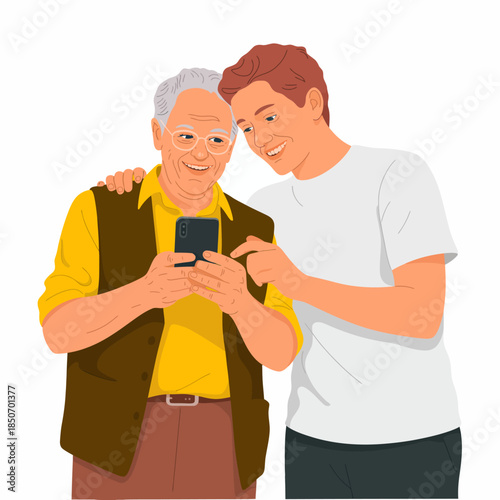 A joyful scene of a grandfather and grandson sharing a moment as they look at a smartphone, smiling together while celebrating their bond and technological connection.