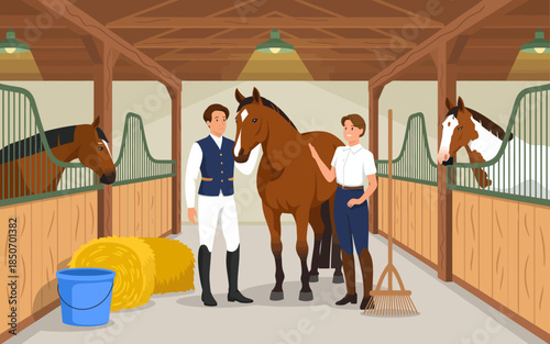 A scene in a stable illustrates two individuals interacting with horses, showcasing the bond between humans and animals while emphasizing care and companionship in equine life.
