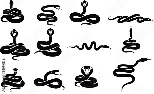 Collection of black cobra snake silhouettes in various poses and styles for design projects