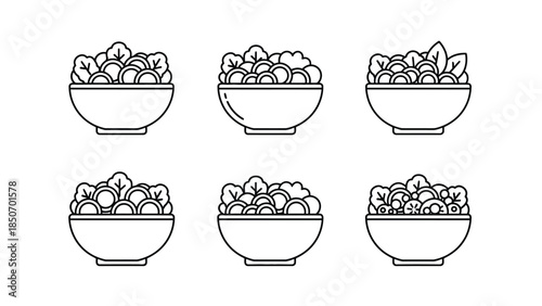 Set of six minimalist black and white line art icons depicting healthy vegetable salad bowls