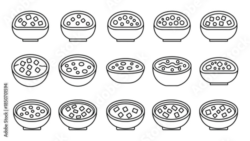 Collection of fifteen black outline icons representing various soup and stew bowls