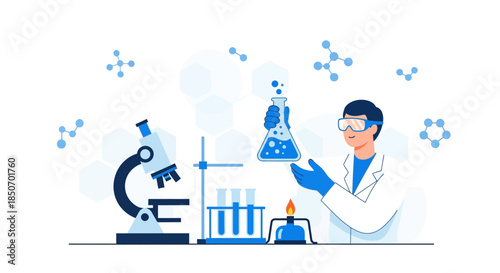 Scientific discovery illustrated: A scientist performing a chemical experiment with tools