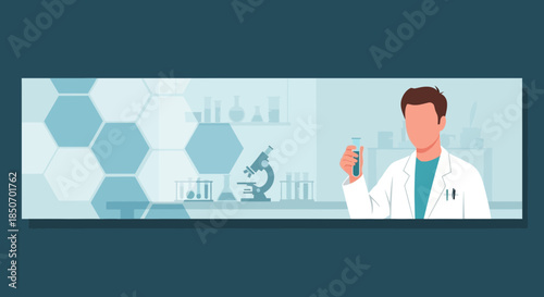 Scientist analyzing test tube in laboratory medical research background for healthcare innovation