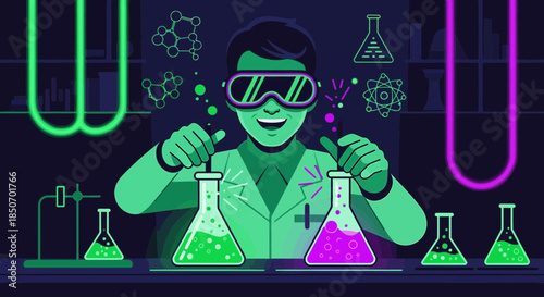 Scientist conducting experiments in a laboratory with beakers and glowing liquids for innovation