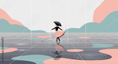 Serene illustration of a ballerina dancing in the rain with an umbrella under a pastel sky