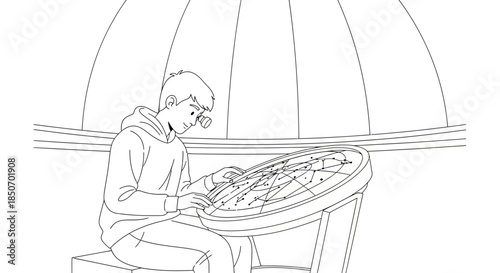 Line Art Illustration of Young Astronomer Studying Constellations Inside Observatory