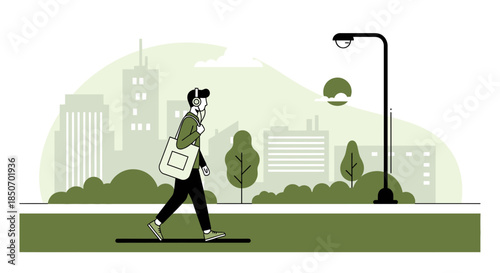 Man walking through urban park listening to music, enjoying outdoor cityscape