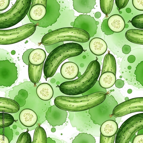 A vibrant, seamless pattern features fresh green cucumbers, both whole and sliced, scattered across a white background with stylized green paint splatters