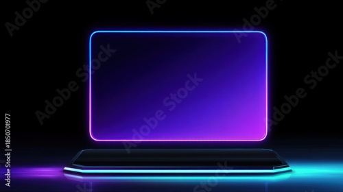 Abstract vintage television with neon blue and purple glow, retro-futurism design, sleek lines, dark background,