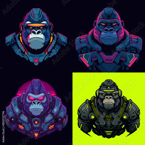 Futuristic gorilla head characters wearing armored suits with glowing accents illustrated in a bold sci fi style ideal for gaming mascots esports branding and digital avatars.