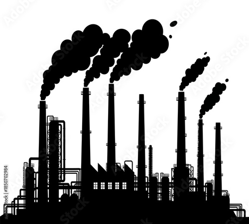 A stark silhouette depicts a complex industrial landscape with multiple smokestacks emitting dark plumes of pollution
