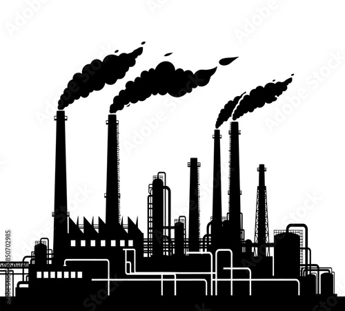 A stark silhouette of an industrial complex with multiple smokestacks emitting dark plumes of pollution into the atmosphere