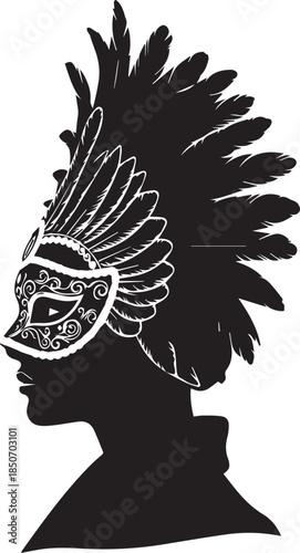 Silhouette of a person wearing a detailed feathered headdress and mask