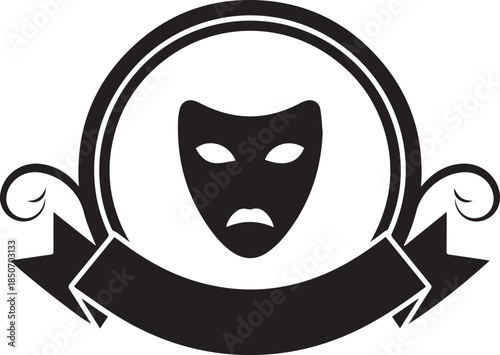 Classic theater mask emblem with ribbon and scrollwork