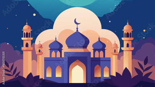 Illuminated mosque under moonlit sky