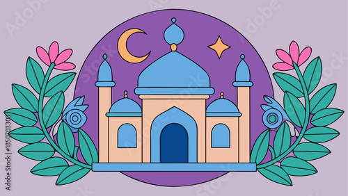 Illustrated mosque with floral surroundings