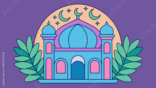 Illustrated mosque with crescent moons
