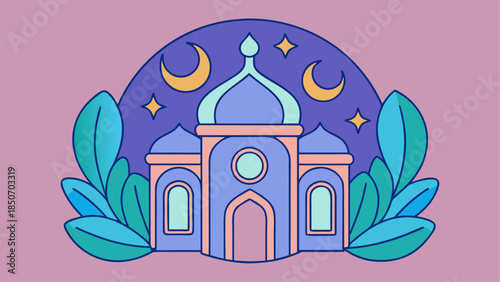 Illustrated mosque under moonlit sky