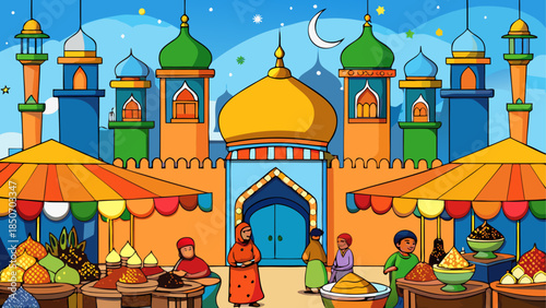 Vibrant marketplace in front of a mosque