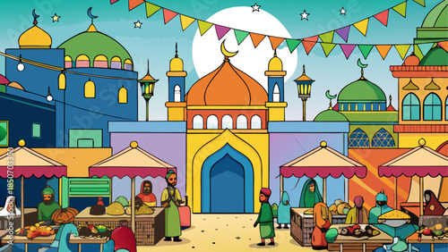 Vibrant marketplace near mosque