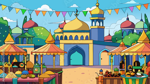 Vibrant marketplace outside a grand mosque
