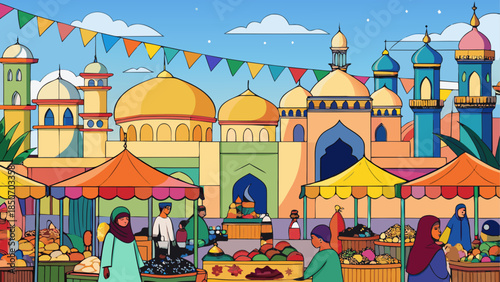 Vibrant marketplace in a colorful city