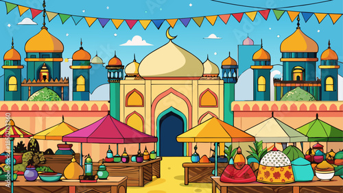 Vibrant marketplace in front of a mosque