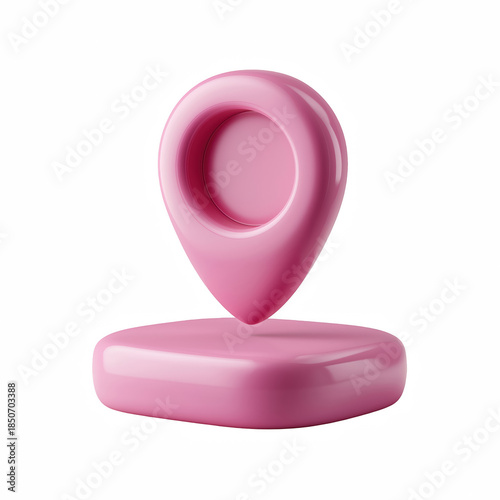 3D pink location pin marker on rounded base podium, glossy cartoon icon isolated on transparent background.