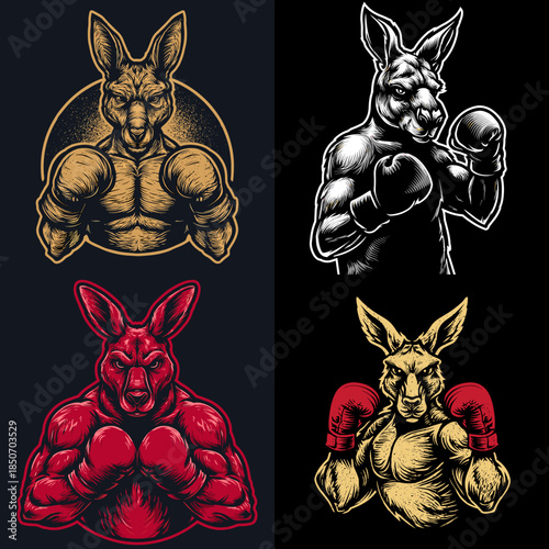 Powerful boxing kangaroo character illustrations with muscular anatomy and bold shading designed for sports branding fitness logos mascots and energetic graphic visuals.