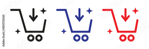shopping cart icon set in black, blue, and red colors. Suitable for modern online store buttons and checkout process visualizations.
