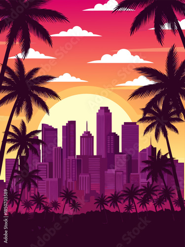 Vibrant retro-style vector illustration of a dazzling tropical sunset over a modern cityscape, framed by silhouetted palm trees, creating an urban oasis