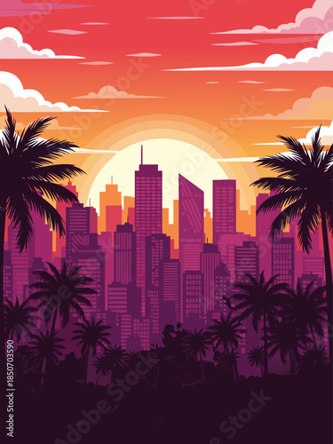 Vibrant tropical sunset over a modern city skyline with silhouetted palm trees, creating a dynamic urban landscape illustration