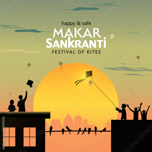 Makar Sankranti creative poster design with child flying kite and cityscape on sunset. Makar Sankranti is a Hindu harvest festival celebrated across India. Creative vector illustration.