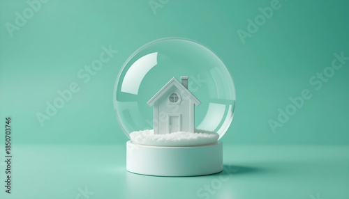 Miniature house in snow globe on green base, 3D render winter real estate concept