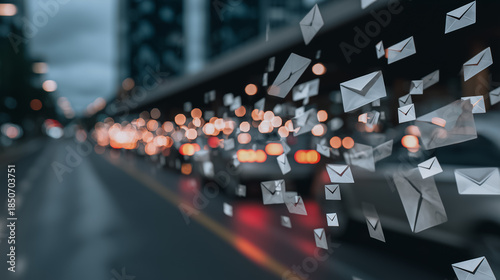 Wallpaper Mural A digital swarm of envelopes surges over a bustling cityscape, embodying modern communication in a visually striking way. Torontodigital.ca