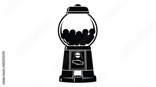 A classic black and white illustration of a gumball machine filled with treats