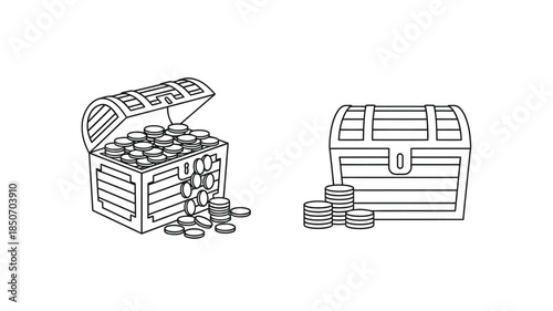 Illustration of two wooden treasure chests one open with gold coins