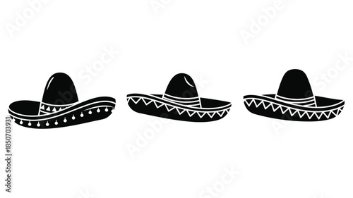 Three traditional mexican sombreros in a black and white illustration