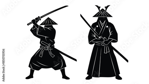 Two silhouettes of japanese samurai warriors wielding katana swords in combat