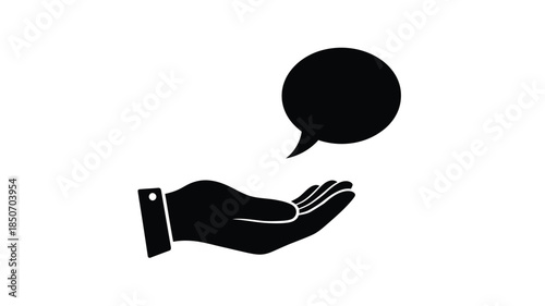 A hand holding a speech bubble icon in a simple black and white design
