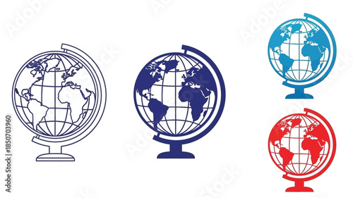 Illustrative depiction of four globes in varying shades of blue and red