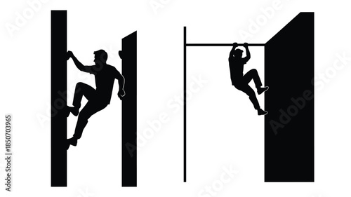 Silhouettes of athletes performing climbing and high jump exercises