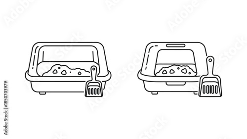 Simple outline illustration of two cat litter boxes with included scoops