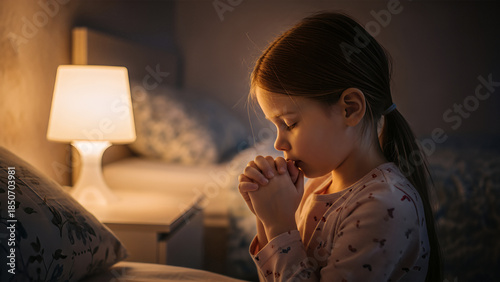Young girl with eyes closed and hands clasped in prayer at night by the warm light of a bedside lamp. Innocent spiritual moment.