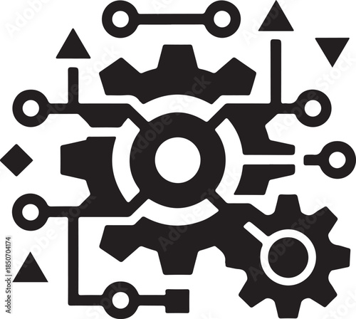 Mechanical gears and cogs interconnected with lines and shapes