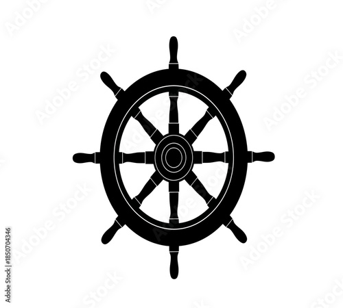 A striking black and white illustration depicts a classic ship s wheel symbolizing navigation and maritime themes