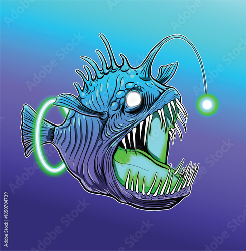 Neon Anglerfish Illustration with Glowing Light and Sharp Teeth